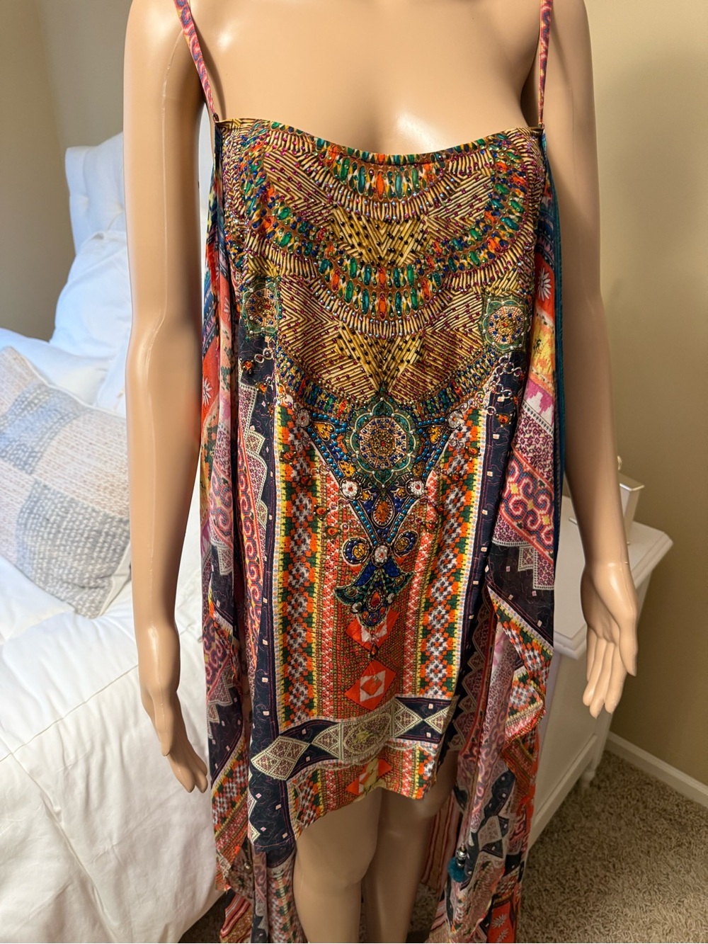 Camilla Multicolor High-Low Slip Dress - Orange, Navy, Green, Cream